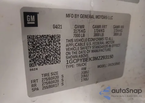 2021 Chevrolet Silverado 1500 4Wd Short Bed Custom z USA, uszkodzony, nr VIN 1GCPYBEK3MZ293150